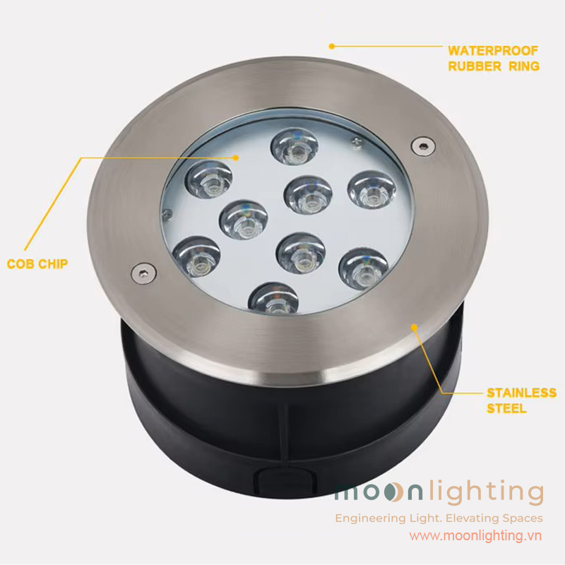 Cận cảnh bề mặt đèn LED âm nước mặt tròn MG-203 Series Moon Lighting với mặt Inox và gioăng cao su chống nước