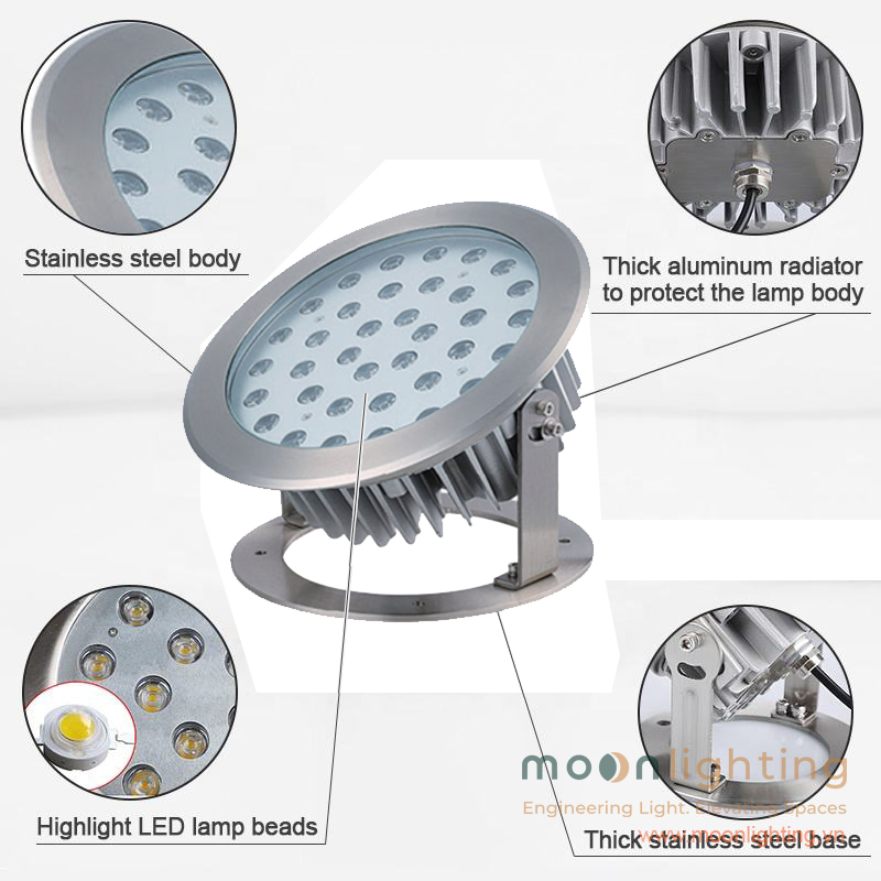 Sơ đồ cấu tạo chi tiết thân nhôm tản nhiệt, chip LED Osram Cree và chân đế Inox đèn âm nước MG-402 60W
