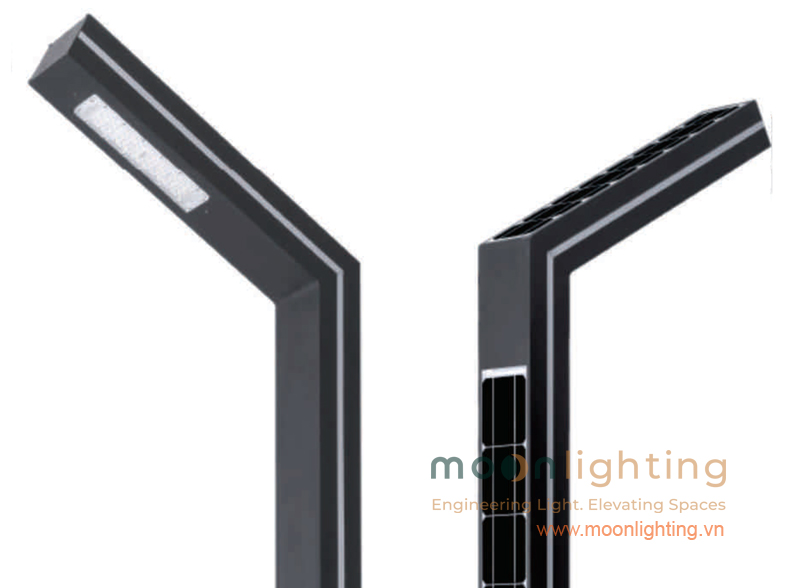 Cận cảnh thiết kế gập góc dáng số 7 hiện đại tích hợp tấm pin mặt trời Monocrystalline dải đứng dọc thân đèn MG-SL018