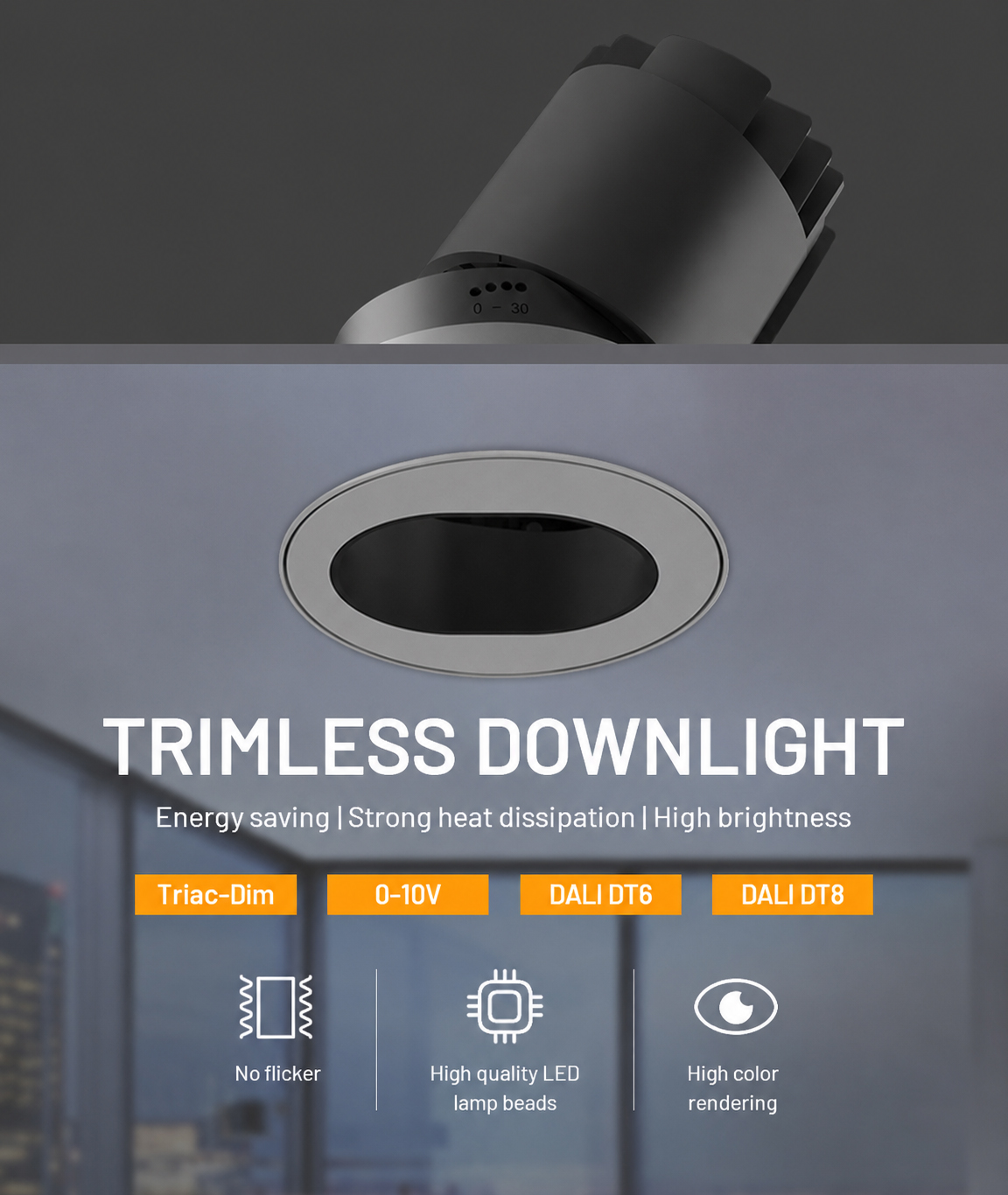 Chi tiết mặt chóa Elip độc bản của đèn spotlight âm tai viền MG-100304T50 chống chói Flicker-free