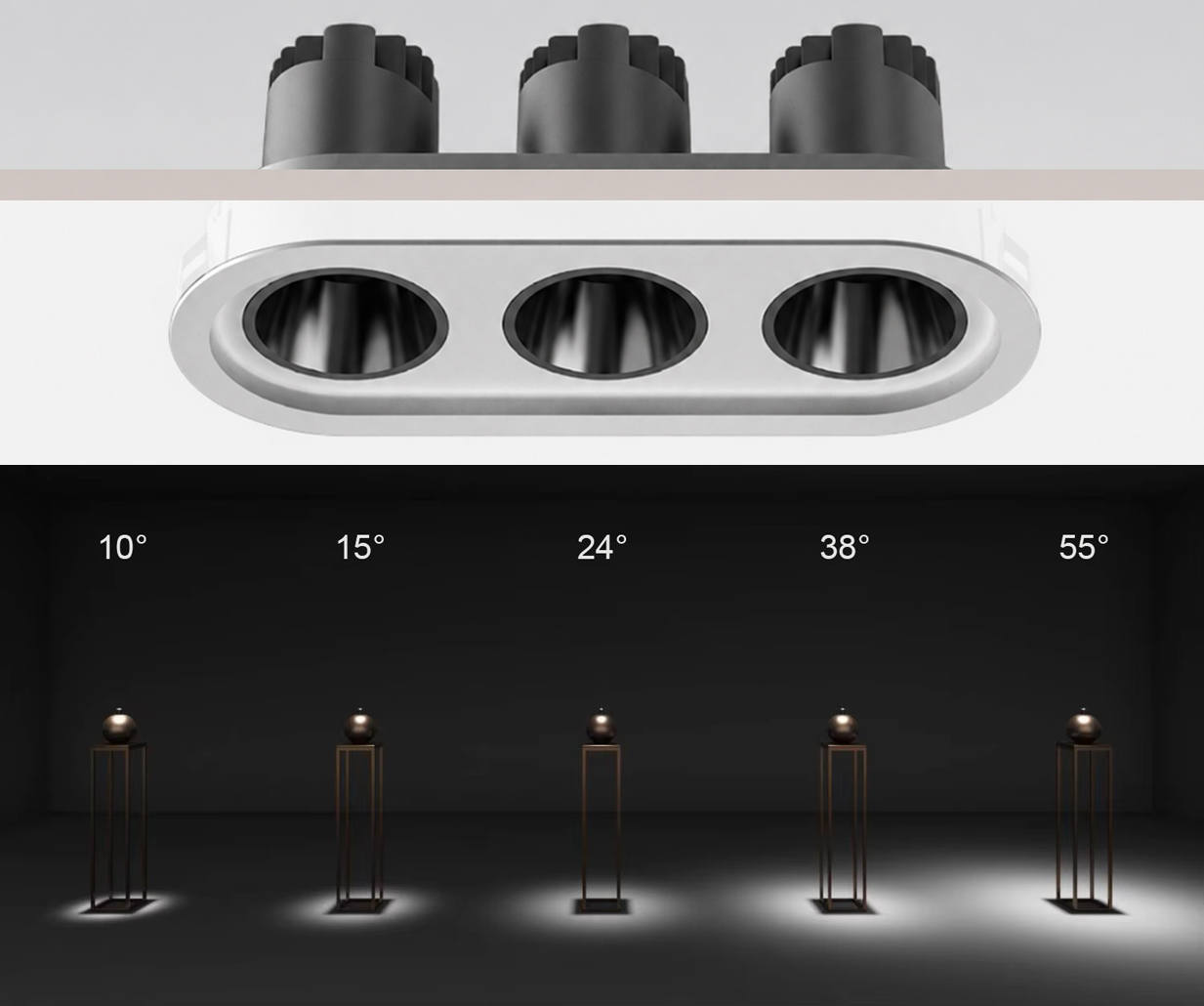 Cận cảnh bề mặt thực tế sản phẩm đèn spotlight âm trần ba bóng cấu trúc mô-đun nhôm đúc nguyên khối tinh xảo mã MG-100301E70-3 của thương hiệu Moon Lighting