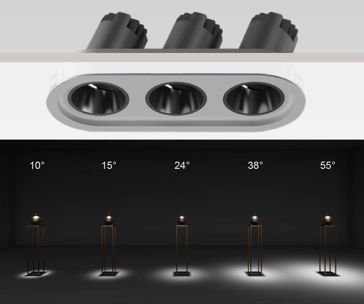Cận cảnh bề mặt thực tế sản phẩm đèn spotlight âm trần ba bóng cấu trúc mô-đun nhôm đúc nguyên khối tinh xảo mã MG-100302E70-3 của thương hiệu Moon Lighting