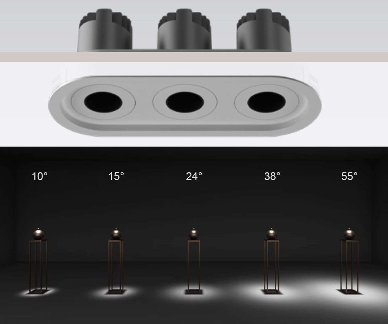 Cận cảnh bề mặt thực
tế sản phẩm đèn spotlight âm trần ba bóng LUNA MG-100303E70-3 nhôm đúc tinh xảo
từ thương hiệu Moon Lighting
