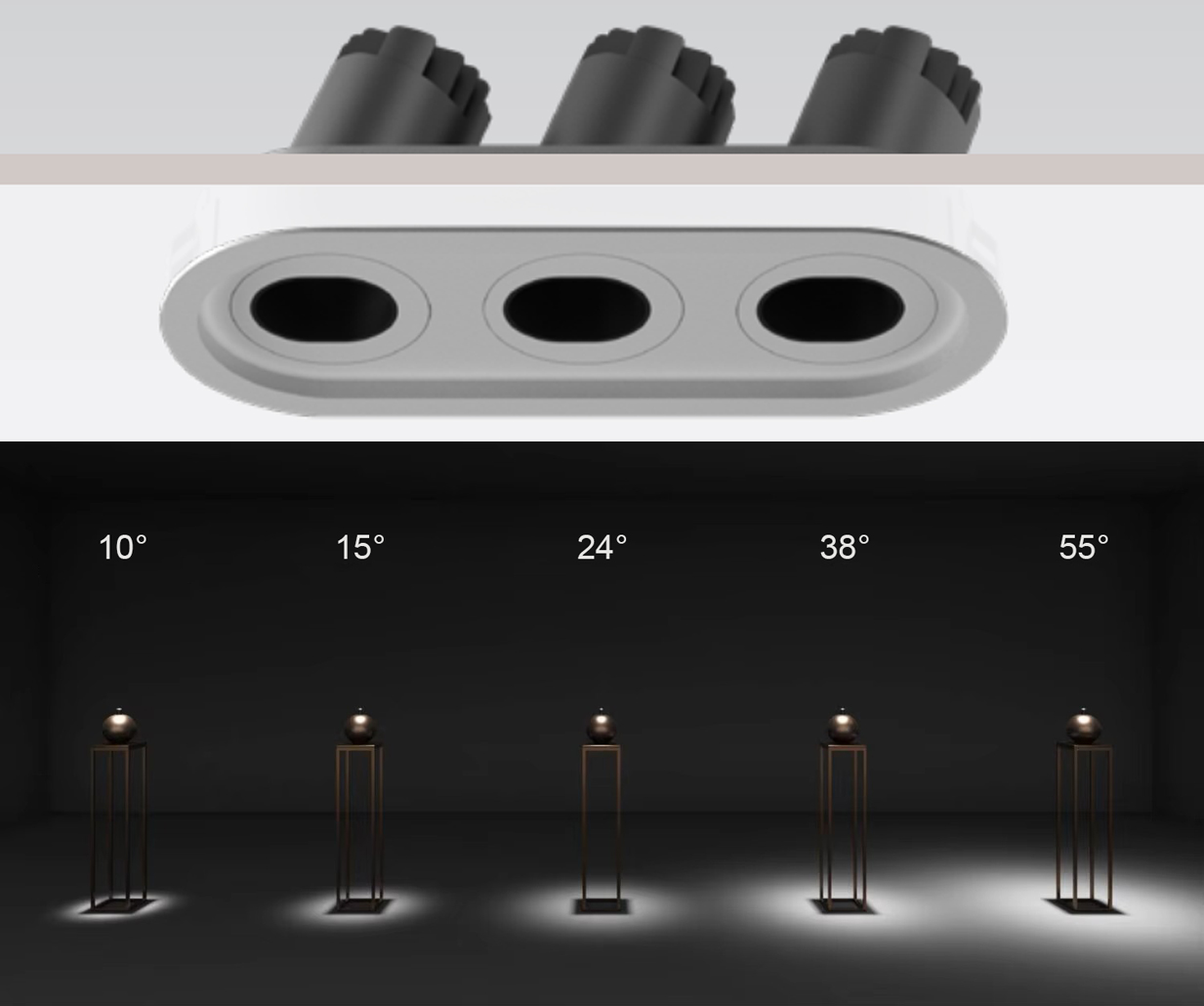 Cận cảnh bề mặt thực tế khung hợp kim nhôm đúc viền siêu mỏng của đèn LED spotlight ba âm trần MG-100304E70-3 LUNA