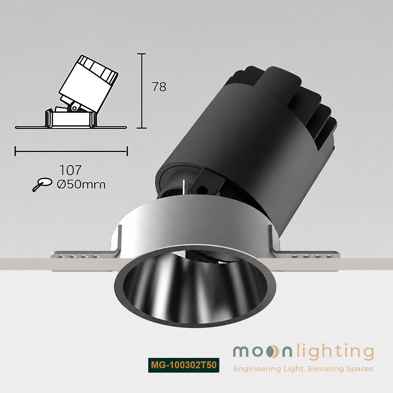 Cận cảnh mặt chóa lõm chống chói công thái học của đèn spotlight MG-100302T50 bảo vệ thị lực