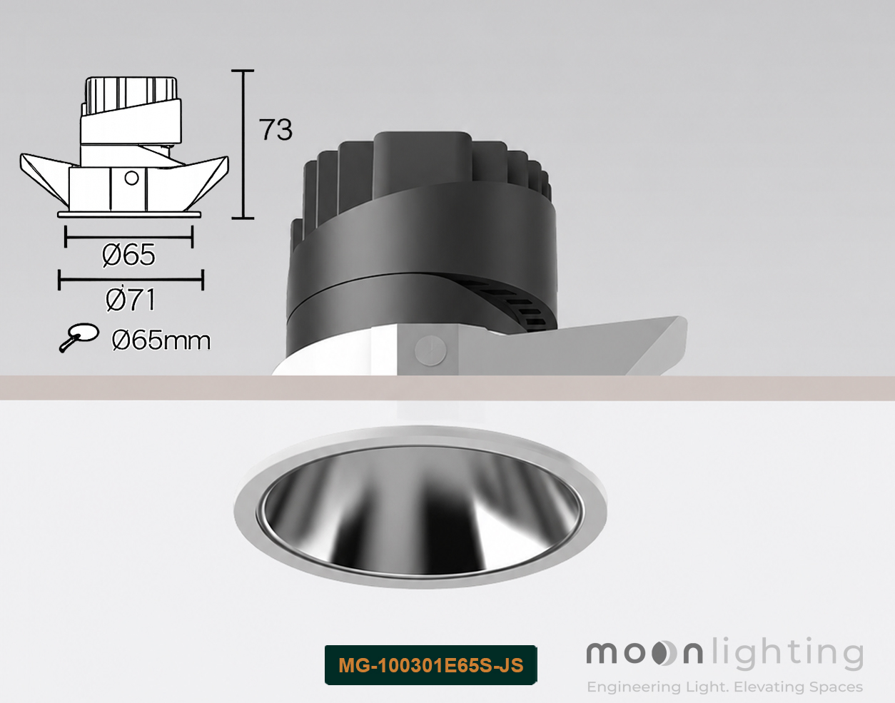 Cận cảnh bề mặt thực tế đèn spotlight viền mỏng MG-100301E65S-JS tinh xảo