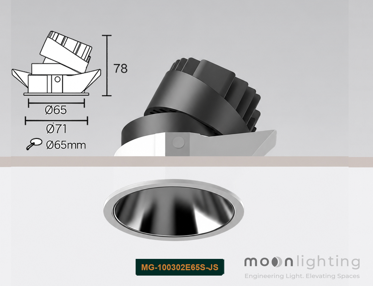 Cận cảnh bề mặt thực tế đèn spotlight viền mỏng MG-100302E65S-JS tinh xảo