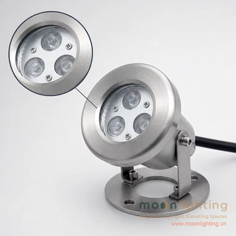 Cận cảnh mặt kính cường lực chịu lực và chip LED chiếu sáng hiệu suất cao đèn âm nước mini MG-403