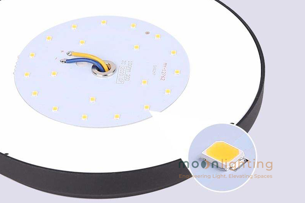 Cận cảnh bo mạch và chip LED SMD siêu sáng tiết kiệm điện năng bên trong đầu đèn trụ sân vườn MG-SL1401
