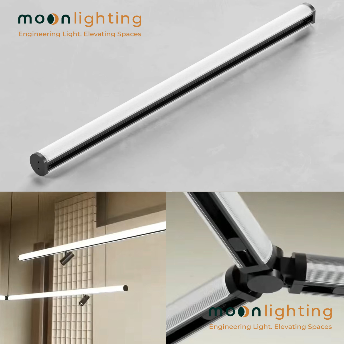 Chi tiết bề mặt hoàn thiện nhôm đúc nguyên khối sơn tĩnh điện cao cấp của thanh ray nam châm dạng ống tuýp Moon Lighting