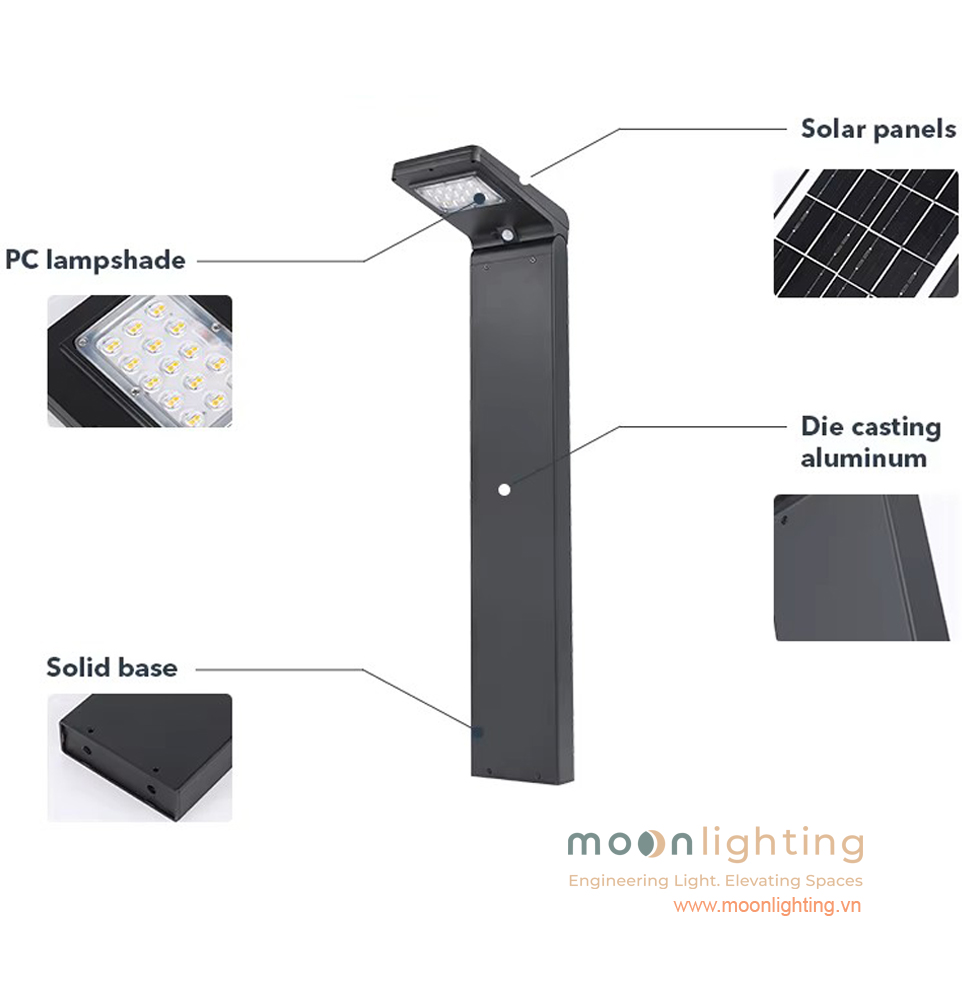 Sơ đồ chi tiết cấu tạo các bộ phận đèn trụ sân vườn thông minh MG-SL1406 Sơ đồ chi tiết cấu tạo các bộ phận tấm pin solar chao kính PC thân nhôm đúc và chân đế kiên cố của đèn trụ sân vườn thông minh MG-SL1406 Moon Lighting