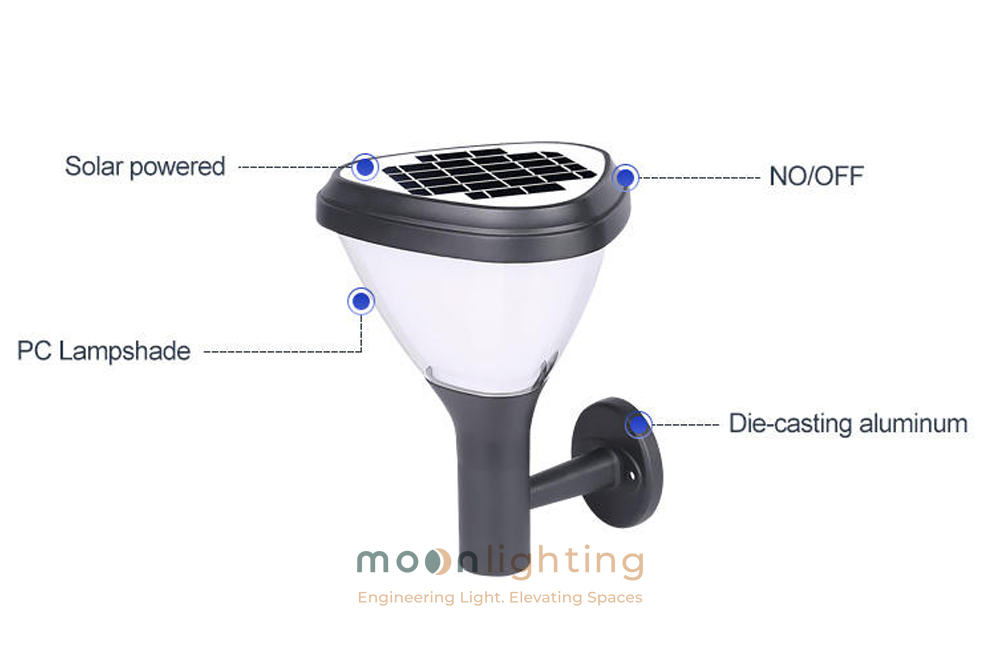 Sơ đồ chi tiết cấu tạo đèn gắn tường năng lượng mặt trời MG-SL1805 Sơ đồ chi tiết cấu tạo đĩa ly tam giác, tấm pin Mono, chao nhựa PC và chân đế nhôm đúc của đèn gắn tường năng lượng mặt trời MG-SL1805 Moon Lighting