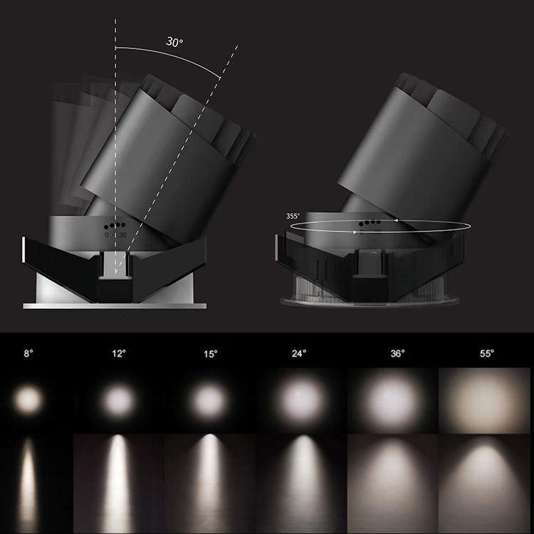 Cận cảnh chi tiết kết cấu vỏ nhôm đúc và bề mặt tháo rời mô-đun đèn led downlight âm trần viền mỏng Moon Lighting MG-100301E75 chính hãng
