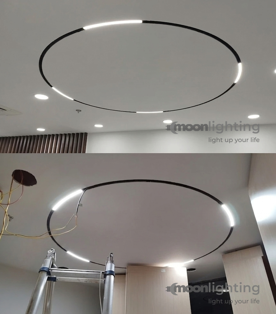 Phối cảnh lắp đặt đèn chiếu tỏa ray nam châm tròn D1500 trong phòng khách biệt thự sang trọng