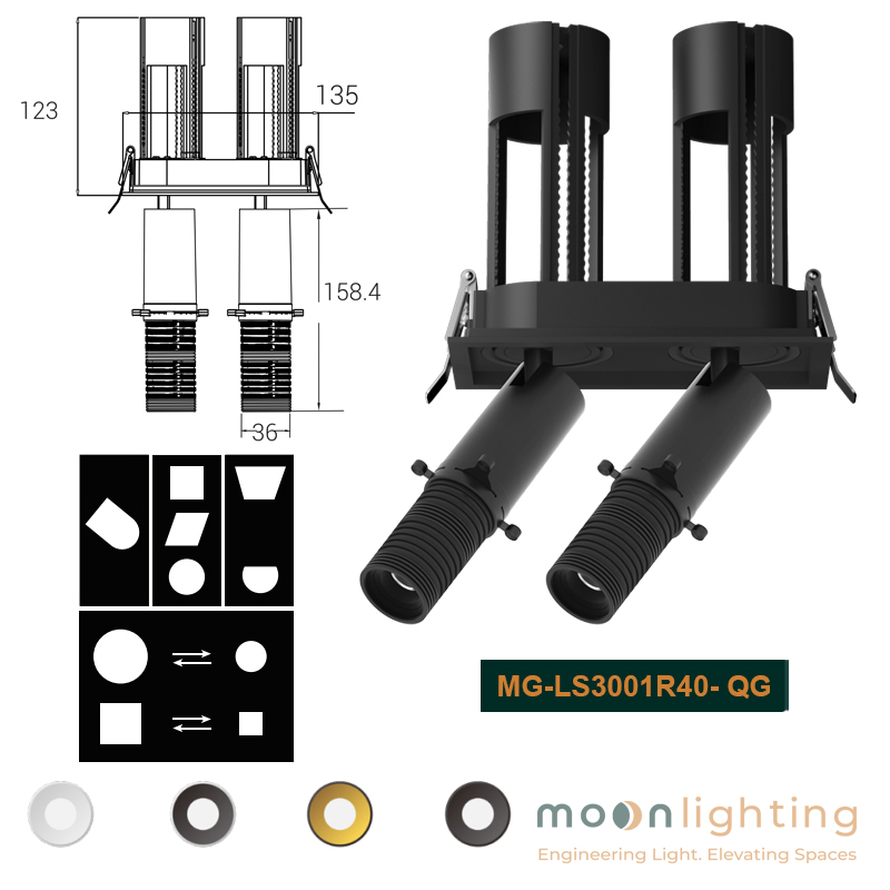 Cận cảnh bề mặt thực tế đèn spotlight framing Moon Lighting MG-LS3005SS60-2-QG