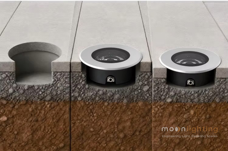 Sơ đồ hướng dẫn quy trình lắp đặt đèn âm đất siêu mỏng MG-310B Moon Lighting trên nền đá và lớp đá dăm thoát nước