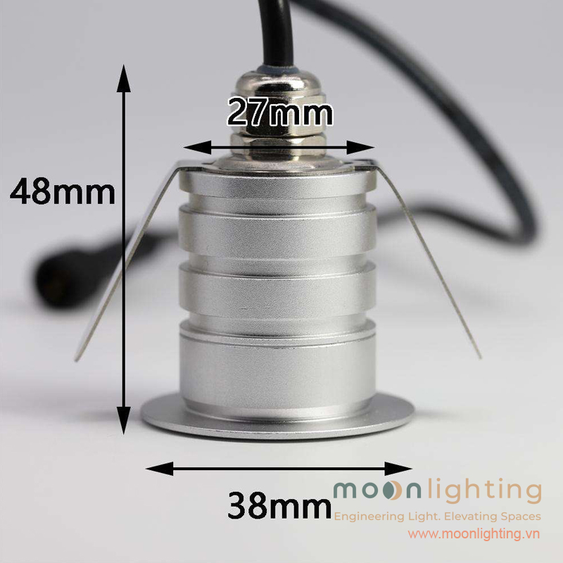 Bản vẽ kích thước 38x48x27mm đế D30mm đèn âm tường mặt trăng tròn MG-106