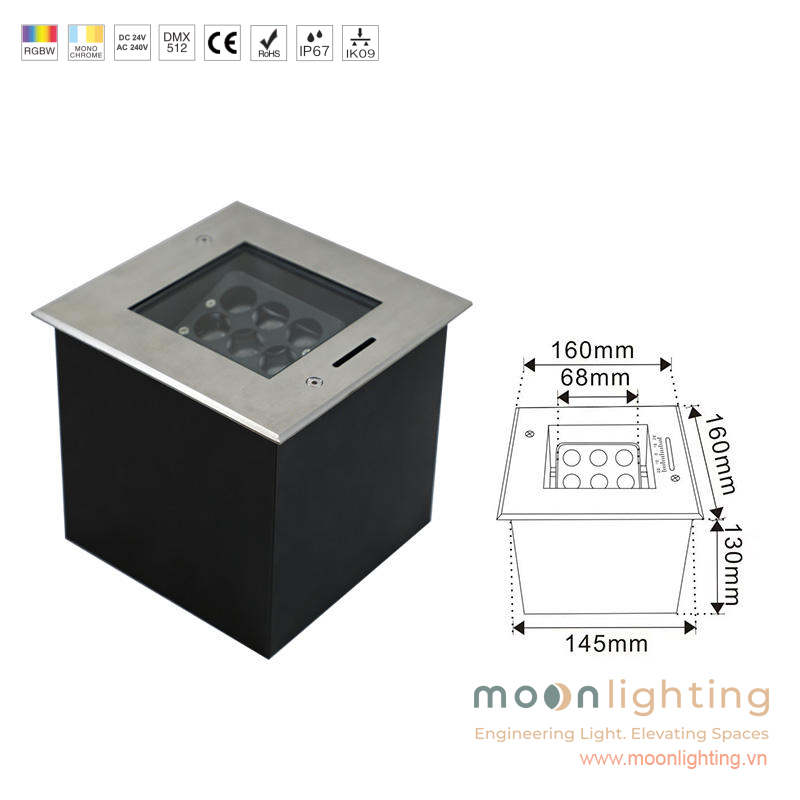 Kích thước mặt cắt bản vẽ đèn âm đất mặt vuông MG-304F-160 công suất 13.5W Moon Lighting