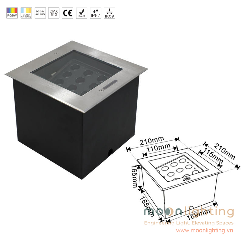 Kích thước mặt cắt bản vẽ đèn âm đất điều chỉnh góc chiếu mặt vuông MG-304F-210 18W 24W