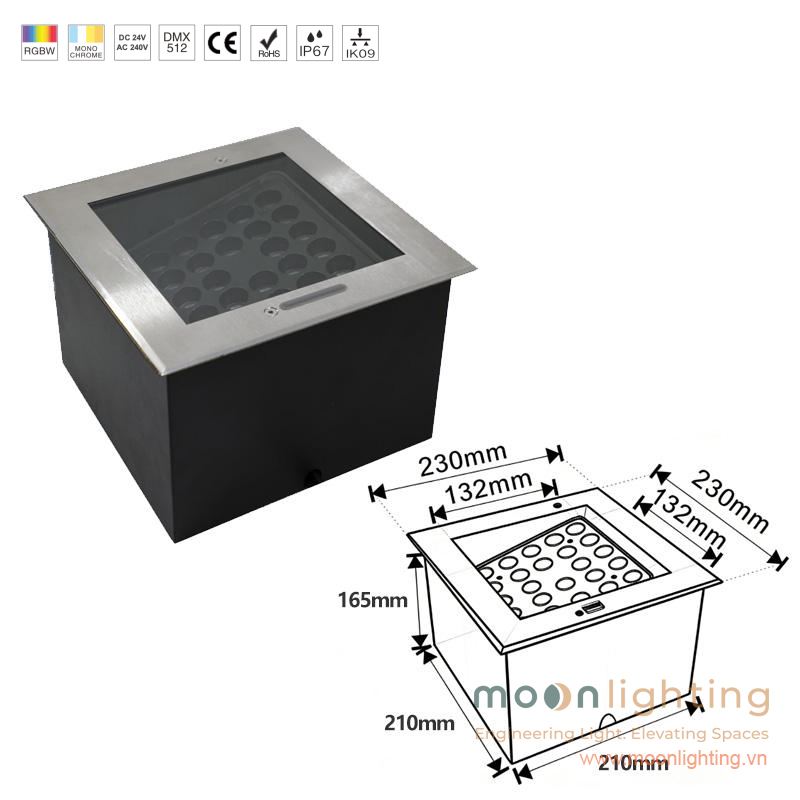 Kích thước mặt cắt đèn âm đất chỉnh góc chiếu mặt vuông MG-304F-230 công suất 36W