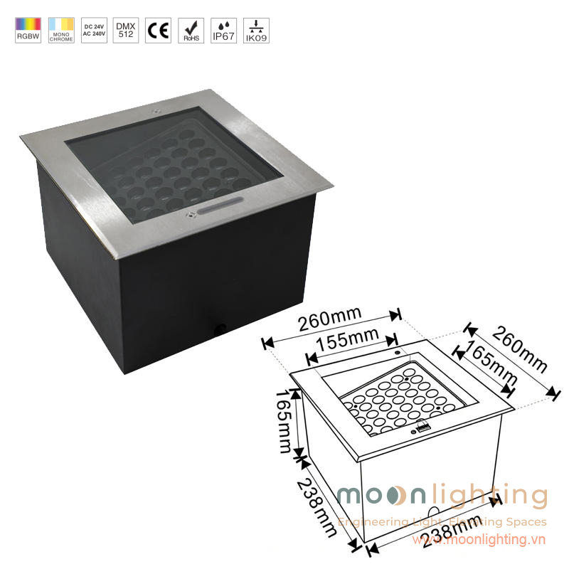 Kích thước mặt cắt bản vẽ đèn âm đất mặt vuông công suất lớn MG-304F-260 48W