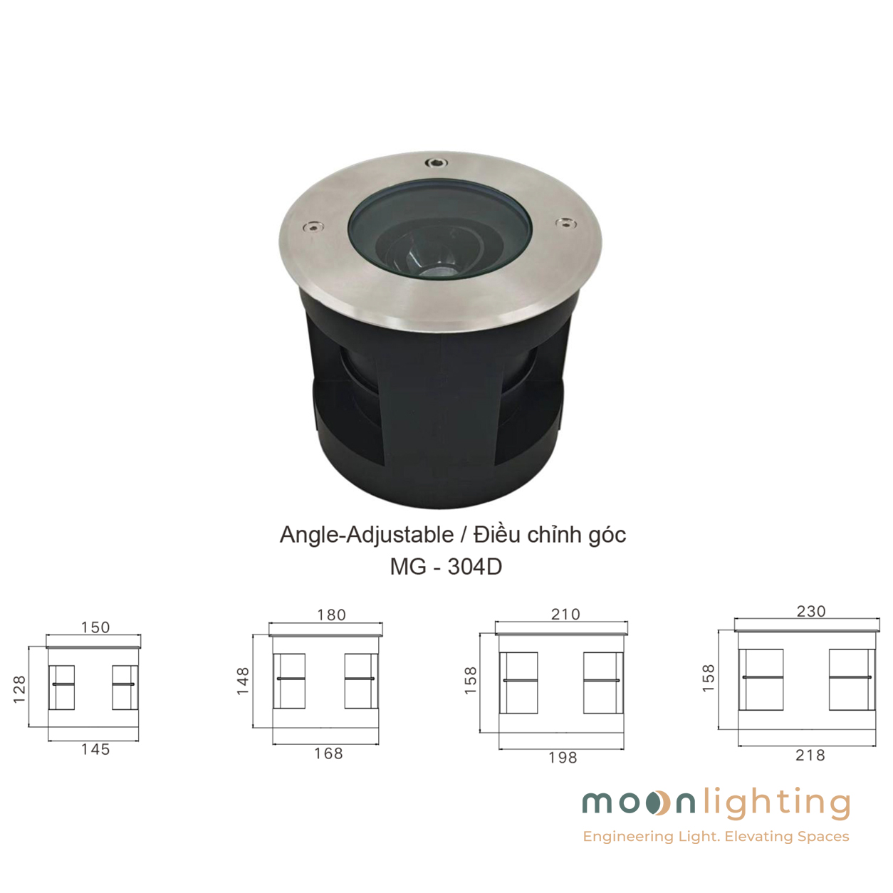 Kích thước bản vẽ mặt cắt các Model đèn âm đất điều chỉnh góc chiếu COB MG-304D Series Moon Lighting