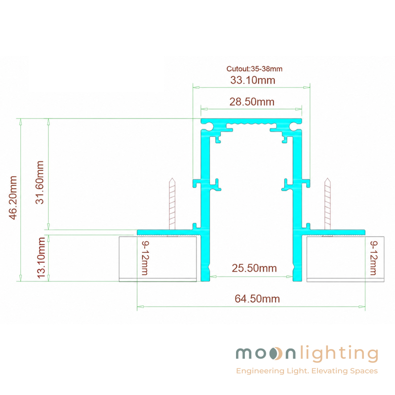 Bản vẽ mặt cắt kích thước kỹ thuật cutout thanh ray nam châm âm trần MG-R20B09