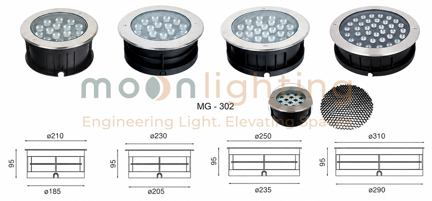 Bản vẽ kích thước D310mm và thông số kỹ thuật lắp đặt đèn âm đất 36W MG-302-310