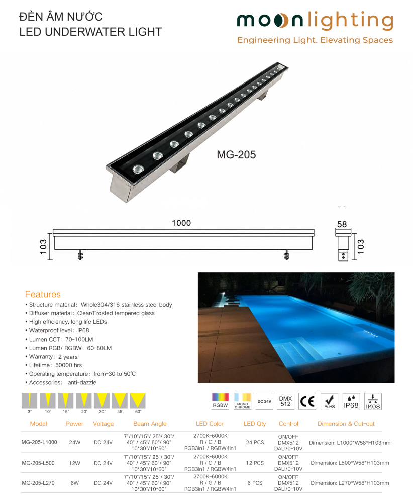 Bản vẽ thông số kích thước L270 L500 L1000 W58 H103mm của đèn LED thanh âm nước MG-205 Series