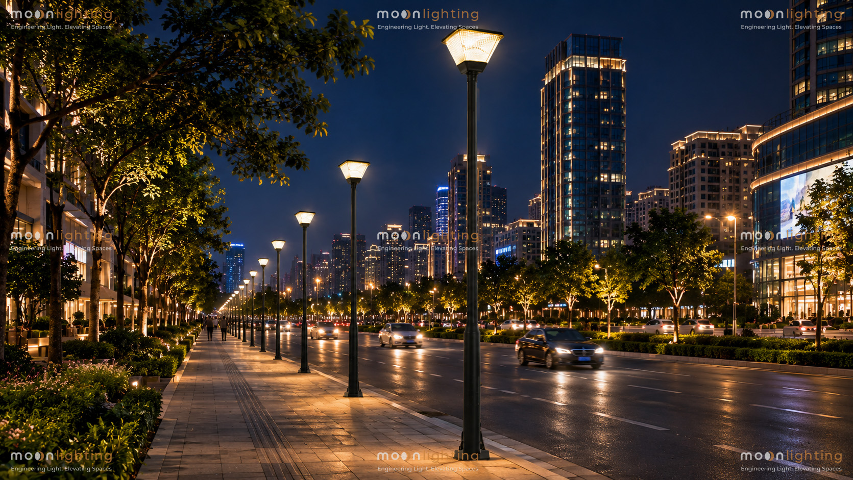 Lắp đặt đèn cột sân vườn năng lượng mặt trời MG-SL011 chiếu sáng đô thị Moon Lighting