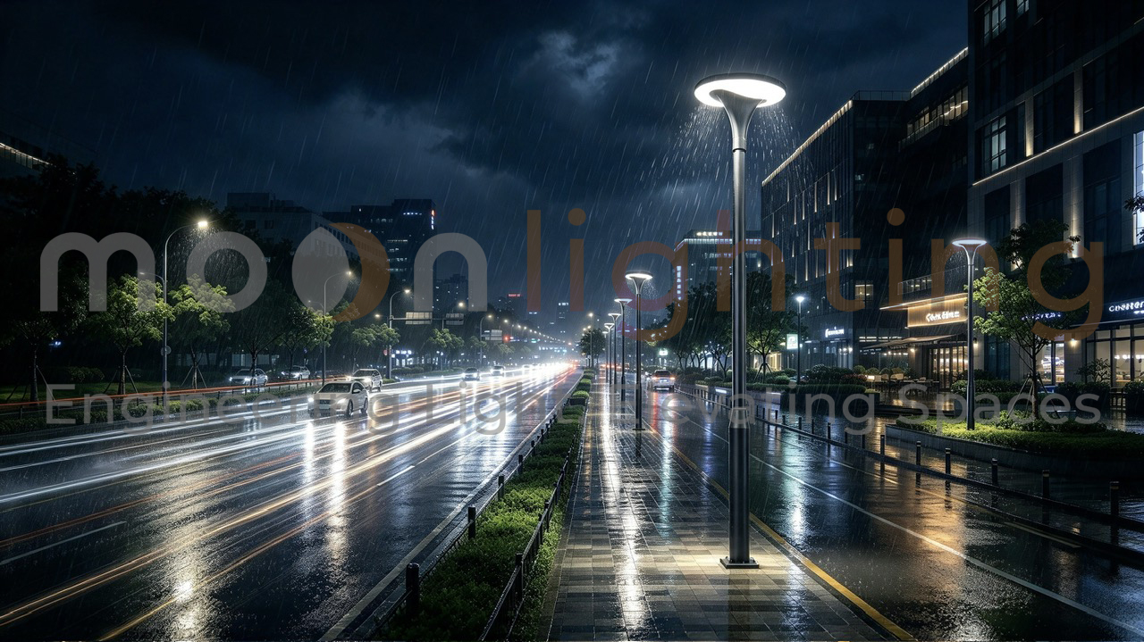 Thực tế lắp đặt đèn cột sân vườn năng lượng mặt trời MG-SL016 chiếu sáng vỉa hè đô thị trong trời mưa đêm Moon Lighting