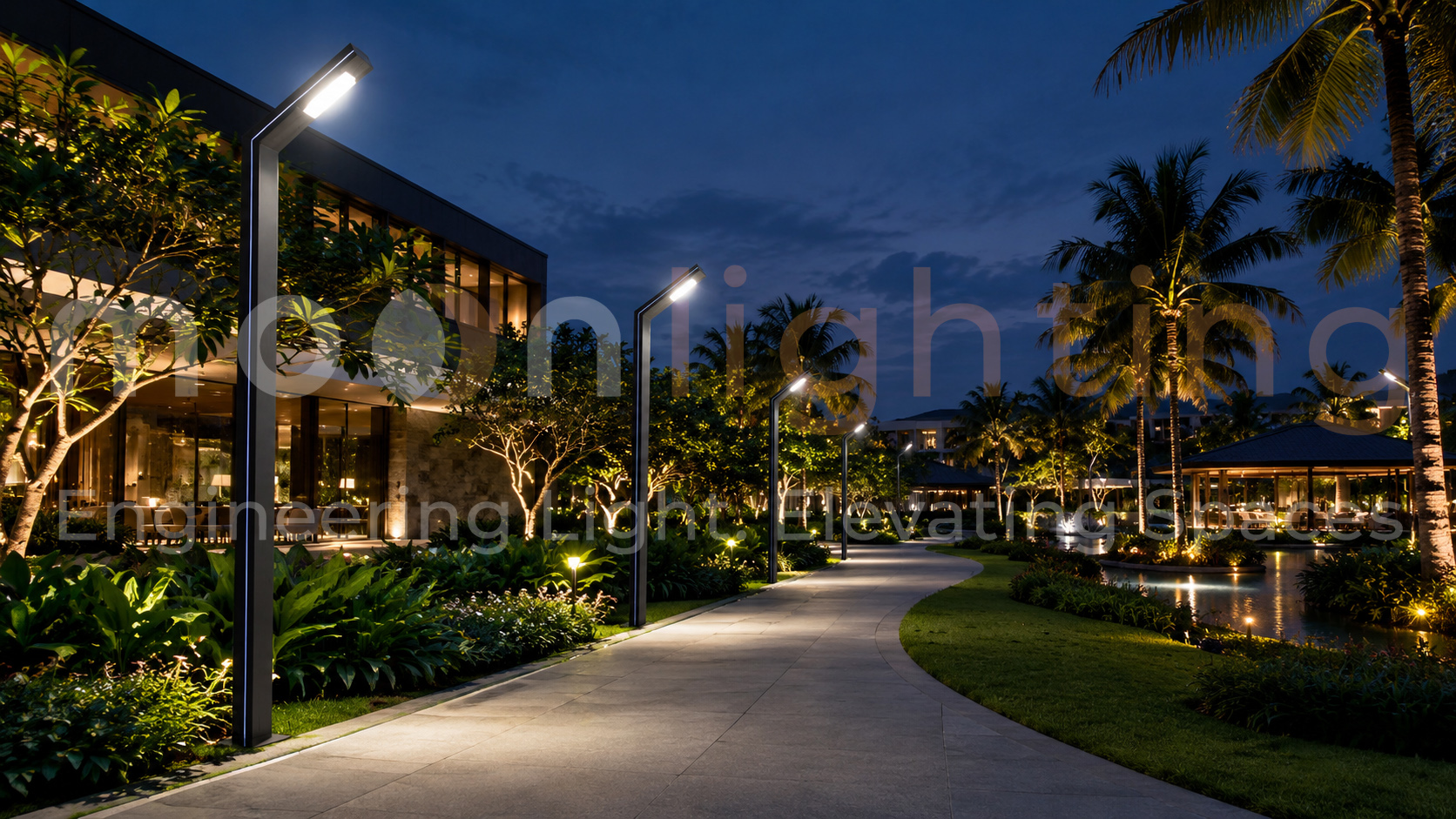 Thực tế lắp đặt hệ thống đèn cột sân vườn năng lượng mặt trời MG-SL018 dáng số 7 chiếu sáng cảnh quan lối đi khu resort nghỉ dưỡng cao cấp Moon Lighting