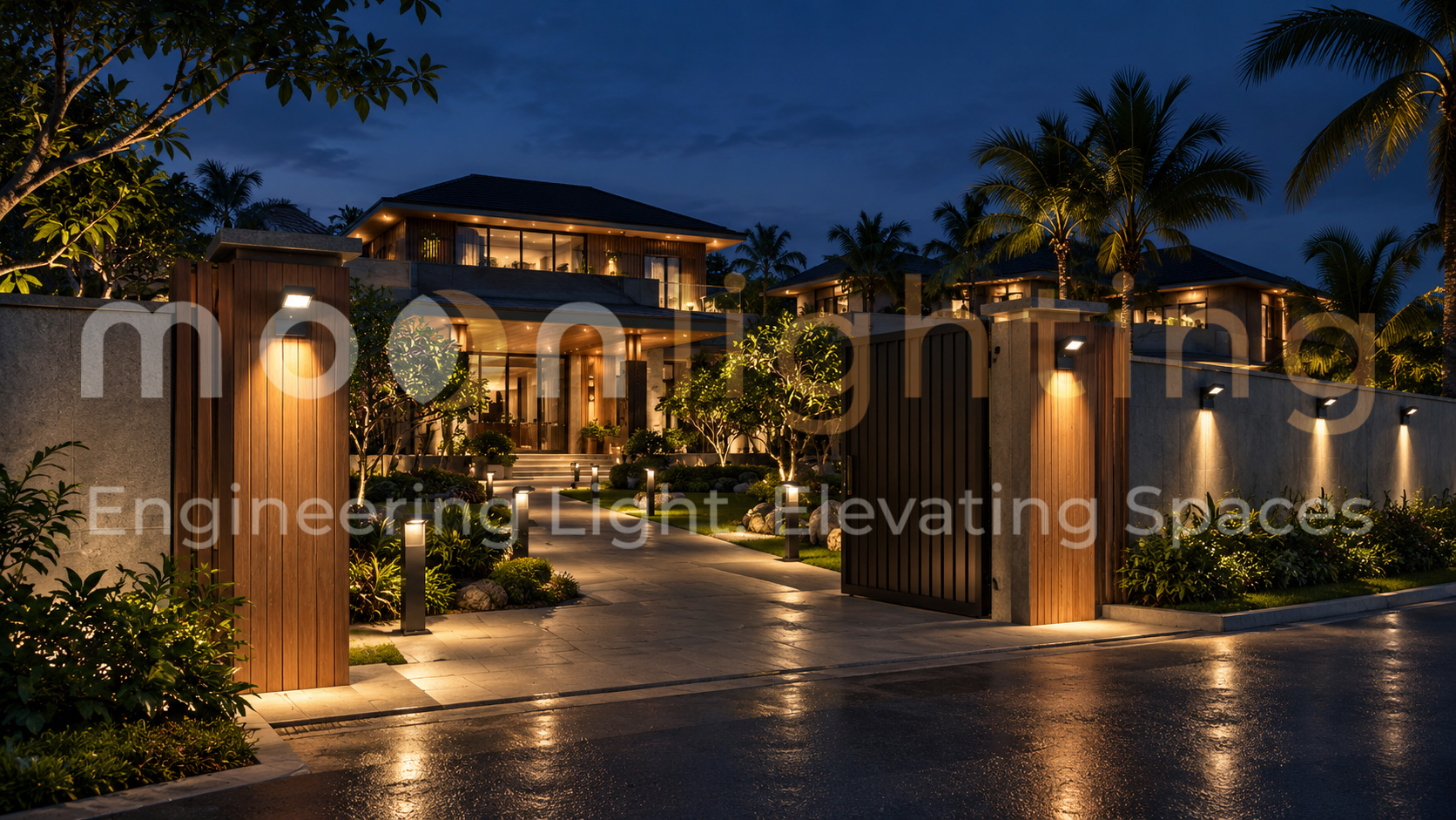 Phối cảnh lắp đặt thực tế hệ thống đèn gắn tường năng lượng mặt trời MG-SL1801 trang trí ngoại thất biệt thự sân vườn cao cấp về đêm Moon Lighting