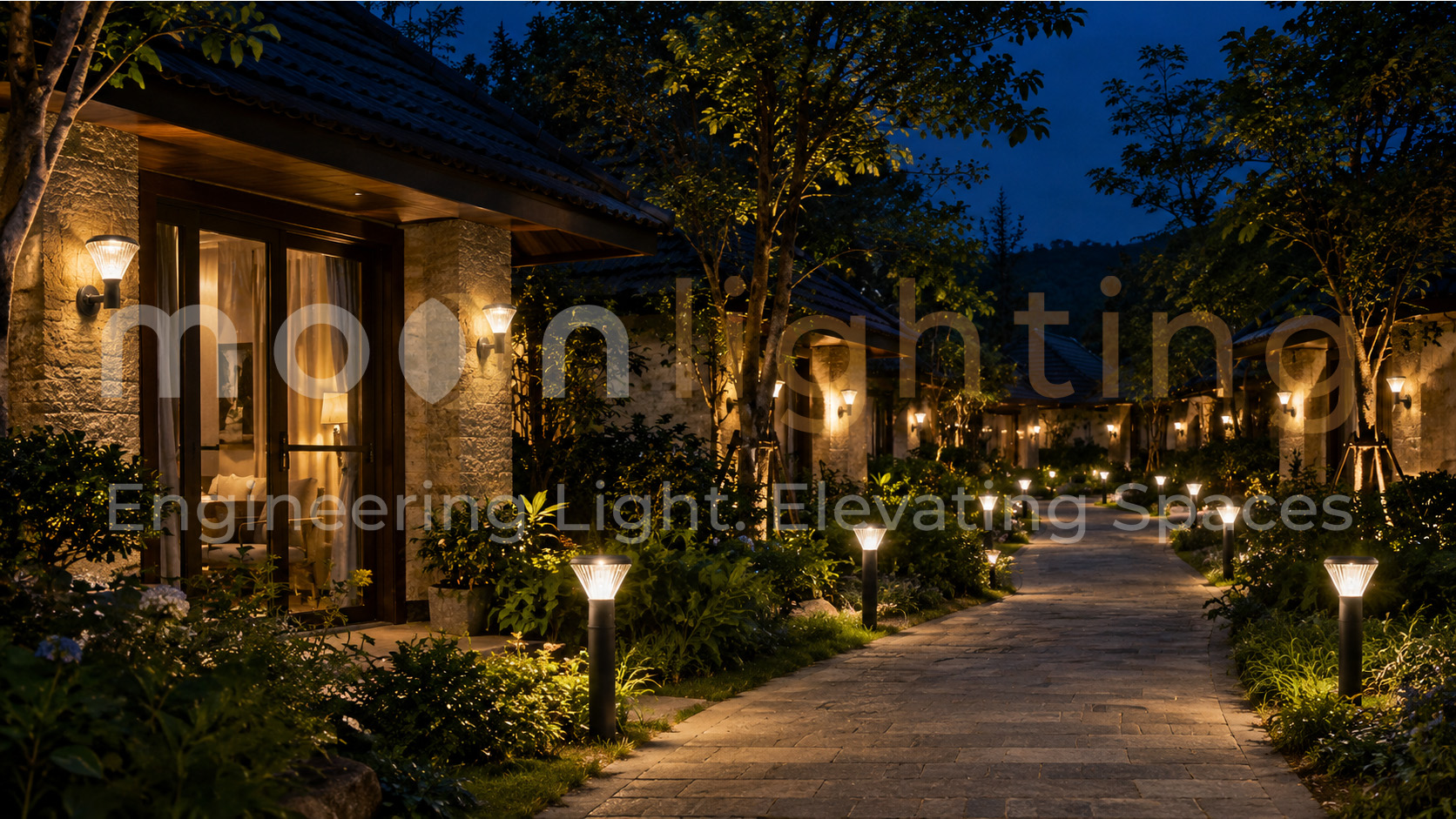 Phối cảnh thực tế lắp đặt hệ thống đèn gắn tường năng lượng mặt trời MG-SL1803 chiếu sáng mặt tiền hiên nhà bungalow homestay resort kết hợp đồng bộ đèn trụ sân vườn lối đi về đêm Moon Lighting