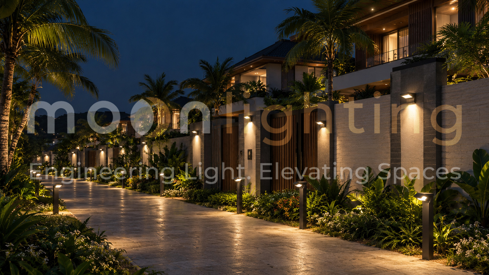 Phối cảnh lắp đặt thực tế hệ thống đèn gắn tường năng lượng mặt trời MG-SL1801 chiếu sáng ngoại thất resort và khu nghỉ dưỡng cao cấp về đêm Moon Lighting