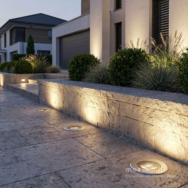 Ứng dụng đèn LED âm sàn siêu mỏng MG-310C rọi chân tường bồn hoa cảnh quan resort