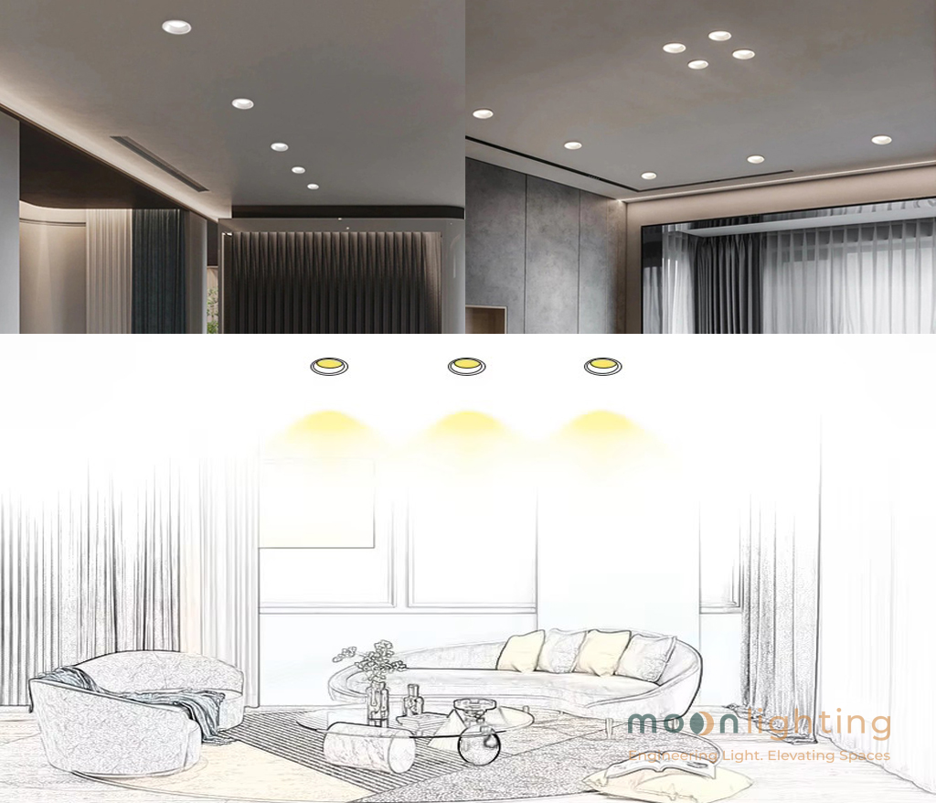 Phối cảnh sử dụng sản phẩm đèn downlight âm trần chống chói cao cấp mg-smd5 series kiến tạo không gian trắc quang wellness biệt thự penthouse resort shophouse năm 2026
