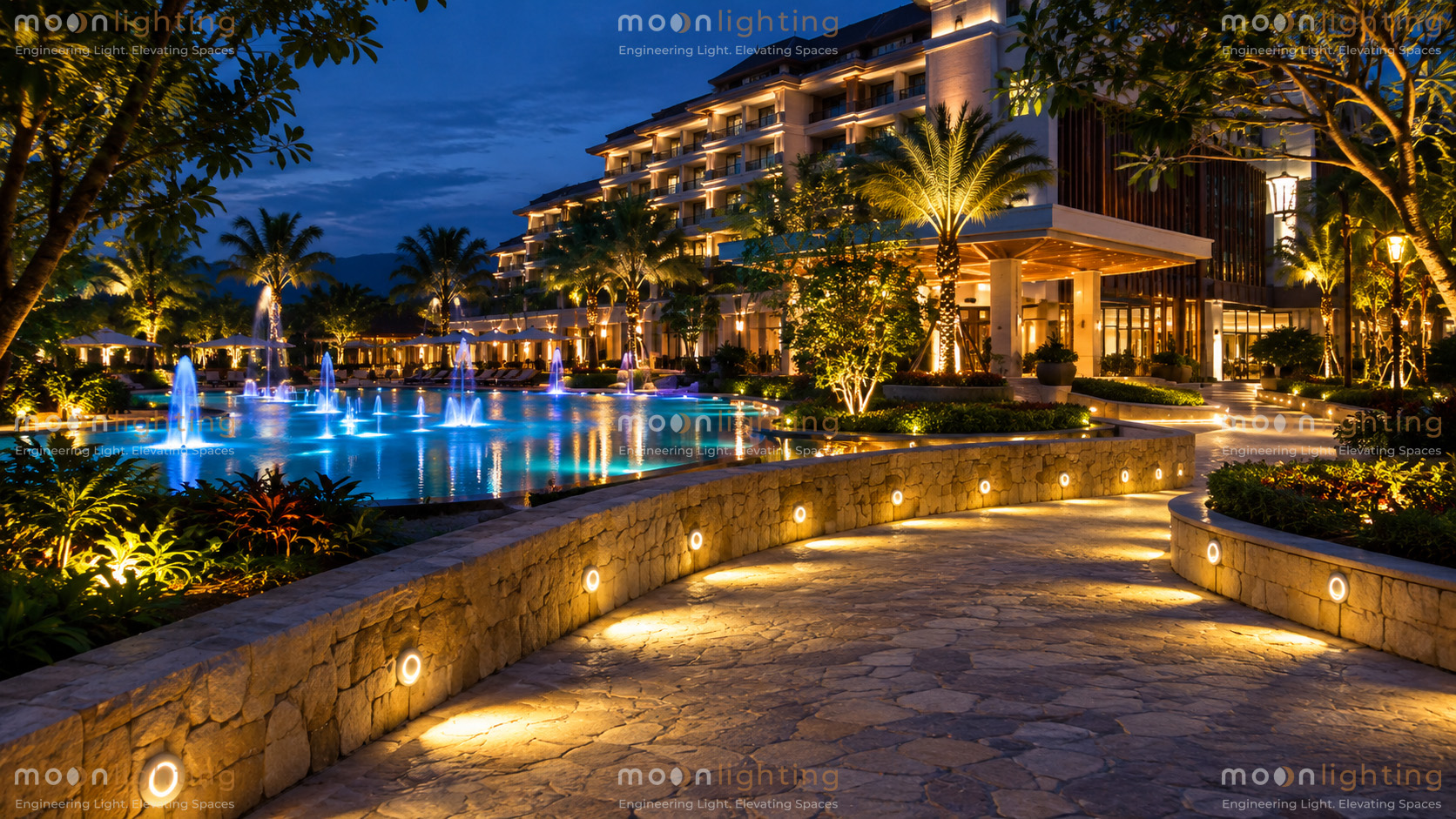 Đèn âm tường mặt trăng tròn MG-106 chiếu sáng hắt bậc cầu thang biệt thự resort