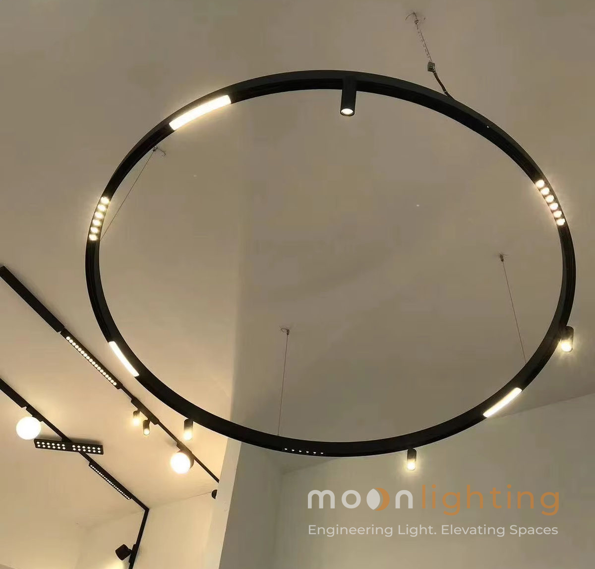 Phối cảnh sử dụng đèn chiếu điểm COB ray nam châm tròn Moon Lighting trong không gian biệt thự luxury trần cong