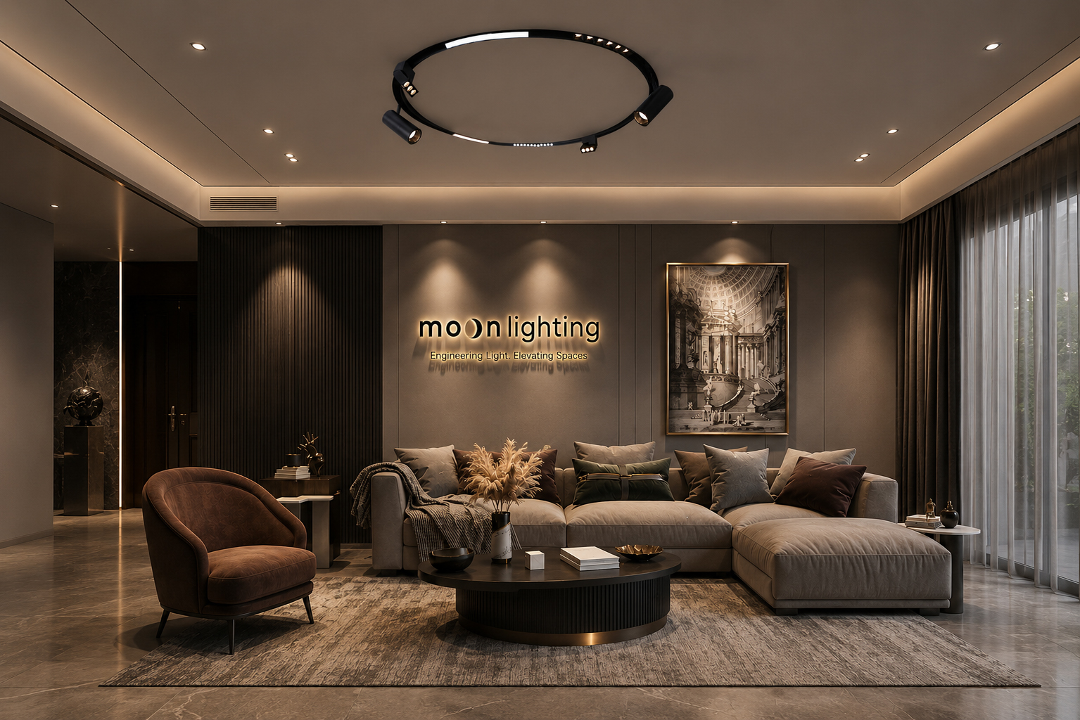 Phối cảnh sử dụng đèn chiếu điểm gấp ray nam châm tròn Moon Lighting MG-AS20-115-06A tôn vinh kiến trúc hệ trần cong luxury