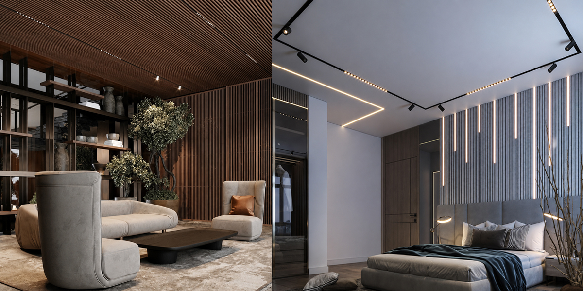 Phối cảnh sử dụng sản phẩm đèn chiếu điểm ray nam châm MG-COB Series Moon Lighting tôn vinh kiến trúc sang trọng