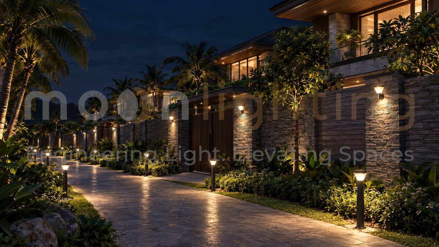 Phối cảnh lắp đặt thực tế hệ thống đèn gắn tường năng lượng mặt trời MG-SL1805 dáng ly tam giác chiếu sáng rửa tường rào khu biệt thự Villas sang trọng về đêm Moon Lighting