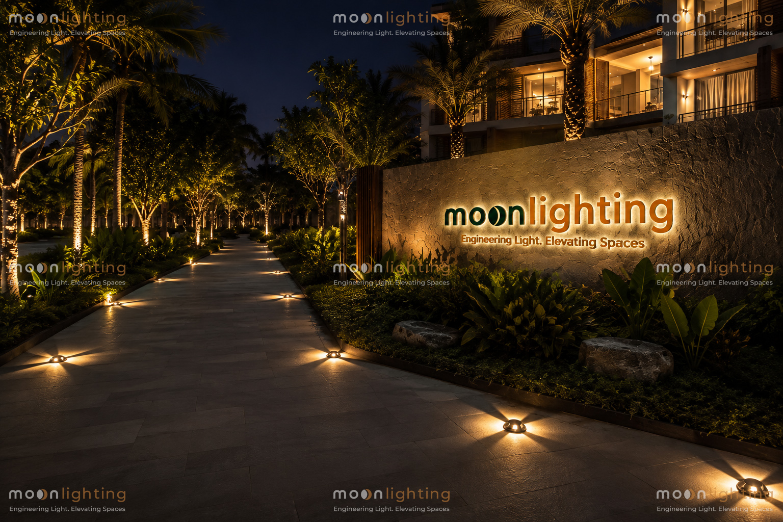 Phối cảnh sử dụng Đèn LED âm đất chiếu cạnh 4 hướng hắt lối đi biệt thự cao cấp Moon Lighting