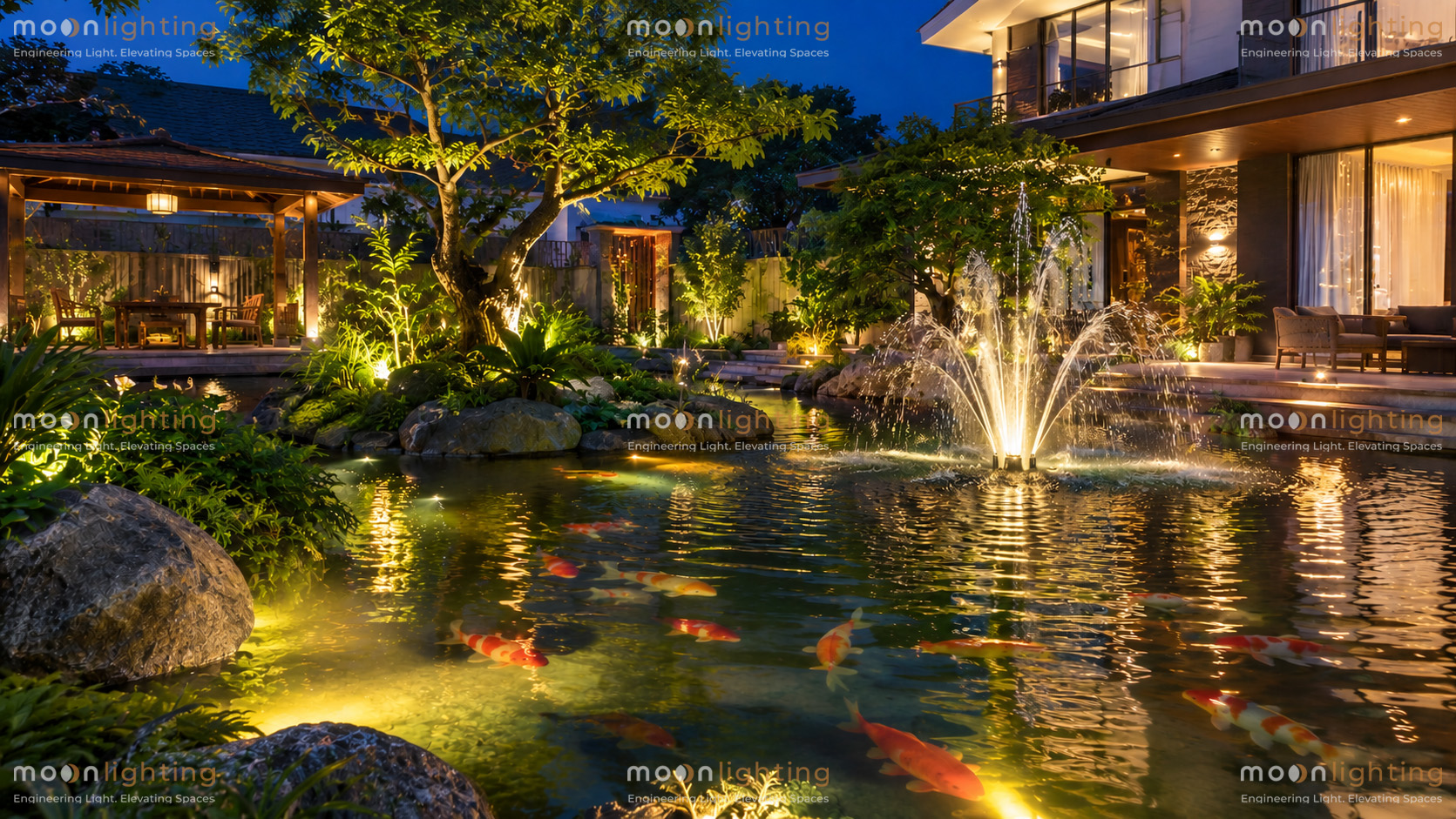Phối cảnh lắp đặt Đèn LED âm nước có đế MG-401-215-18W Moon Lighting cho hồ cá Koi và đài phun nước biệt thự cao cấp