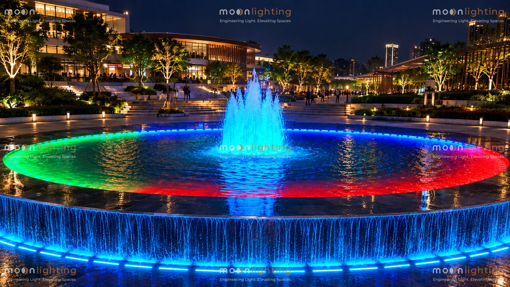 Phối cảnh Đèn LED Âm Nước Có Đế MG-402 48W Moon Lighting chiếu sáng đài phun nước quảng trường và hồ bơi biệt thự sang trọng
