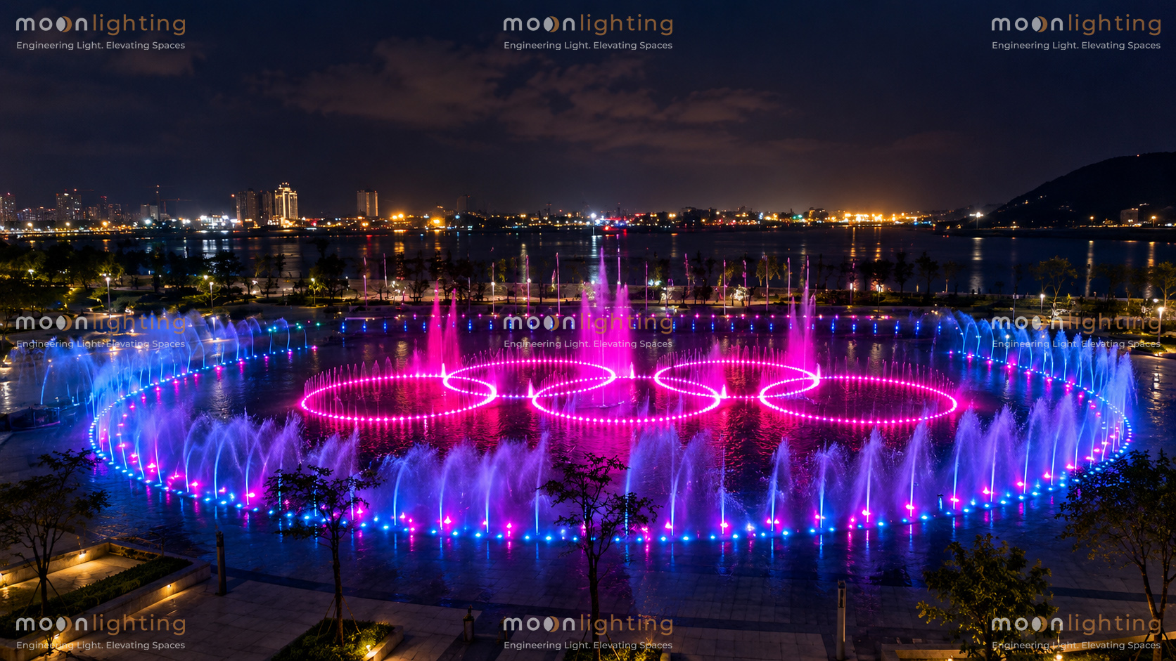 Phối cảnh hệ thống Đèn LED Âm Nước Bánh Xe MG-503 Series Moon Lighting lắp đặt chiếu sáng đài phun nước nghệ thuật quảng trường