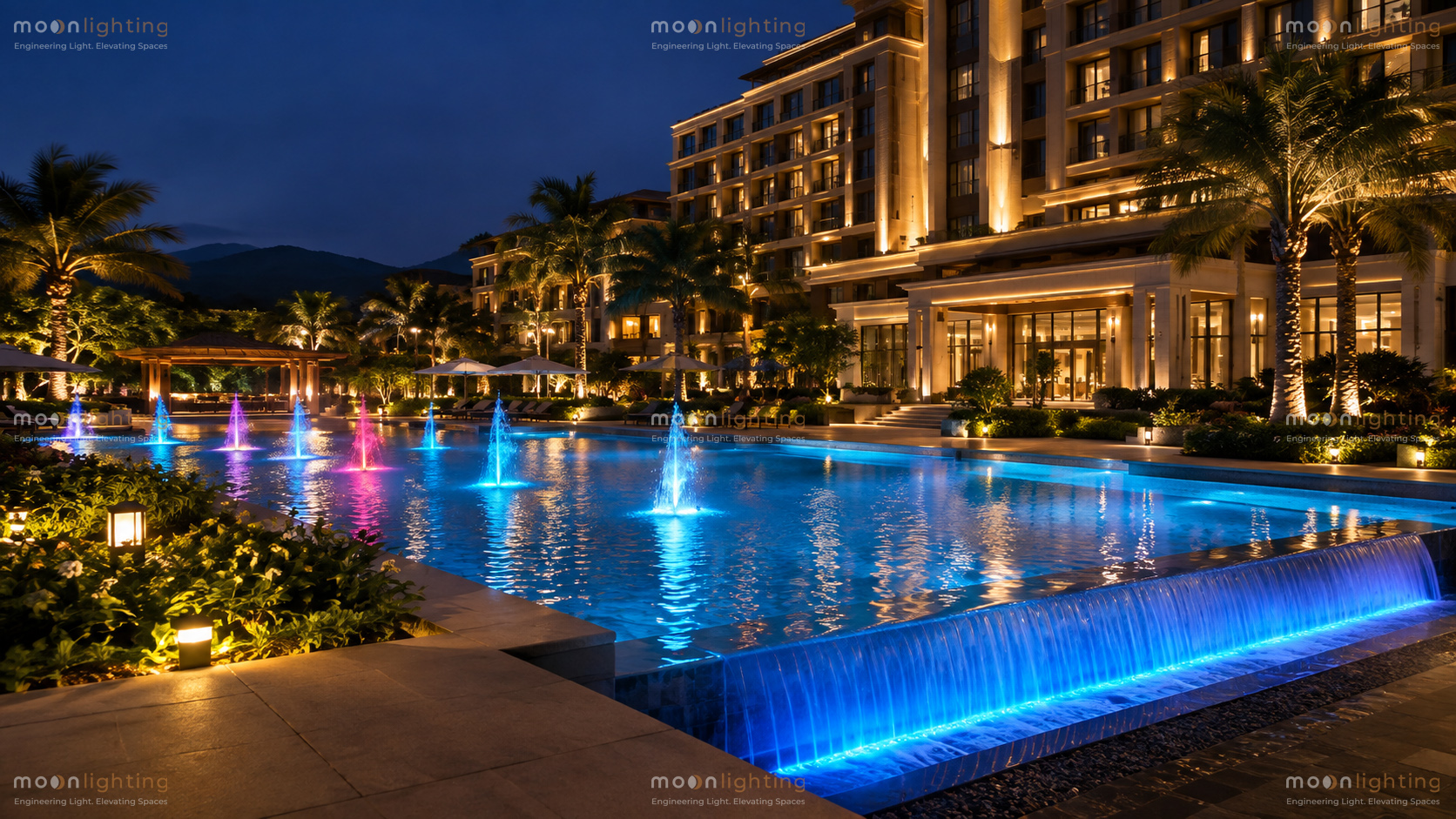 Phối cảnh hiệu ứng chiếu sáng rửa tường nước nghệ thuật của đèn LED thanh âm nước MG-205 Series tại đài phun nước biệt thự resort