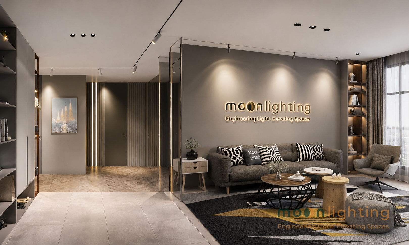 Phối cảnh lắp đặt đèn spotlight âm tai viền MG-100304T50 cho phòng khách Luxury tối giản 2026