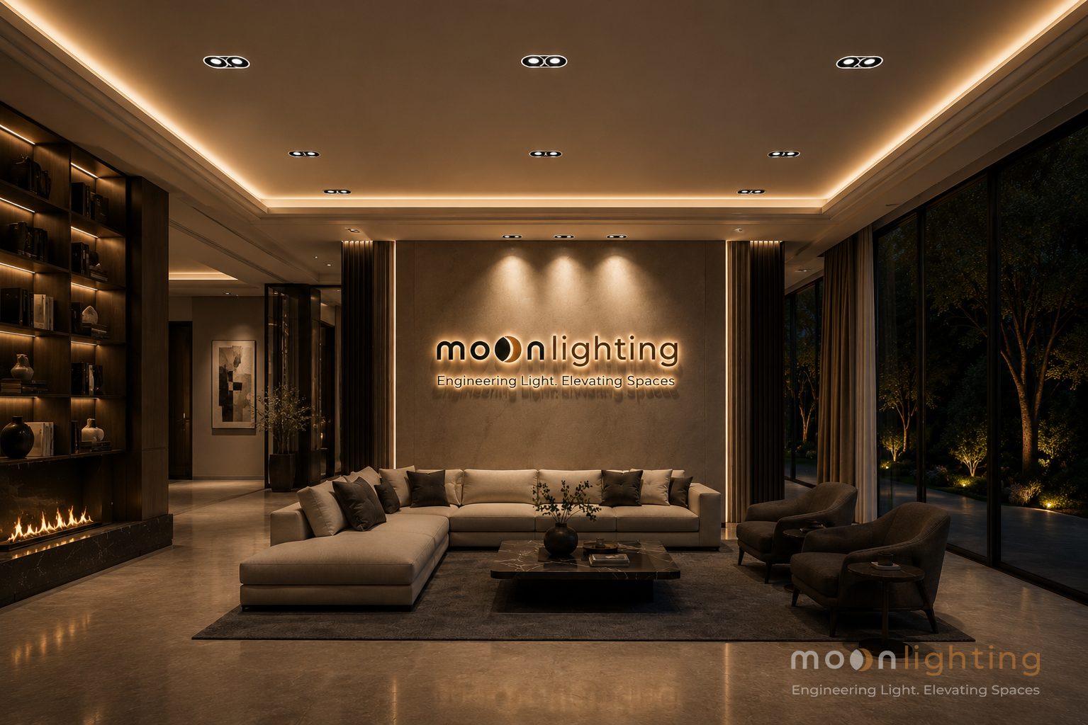 Phối cảnh sử dụng sản phẩm đèn spotlight âm trần ba bóng LUNA MG-100302E70-3 trong thiết kế nội thất resort biệt thự penthouse shophouse trường học y tế công trình công cộng năm 2026