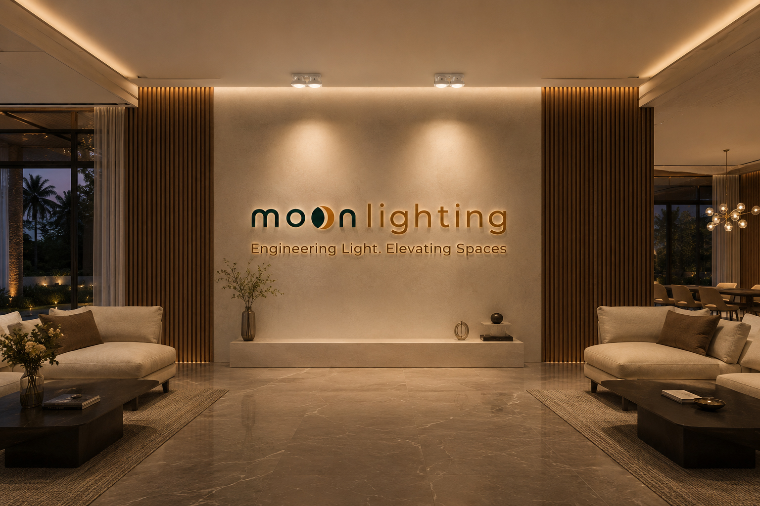 Phối cảnh ứng dụng hệ thống đèn spotlight đôi Stella FG-2-FGB Series Moon Lighting tôn vinh kiến trúc đối xứng sang trọng tại biệt thự cao cấp và resort